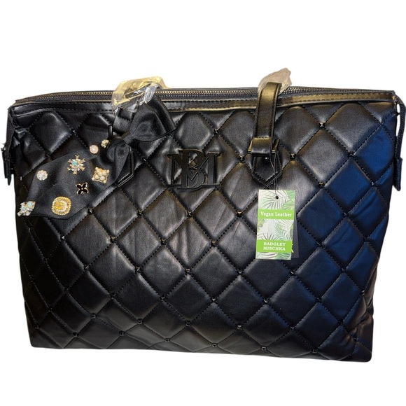 NWT Badgley Mischka Vegan Leather Elegant Black Quilted Tote Bag - Picture 10 of 10